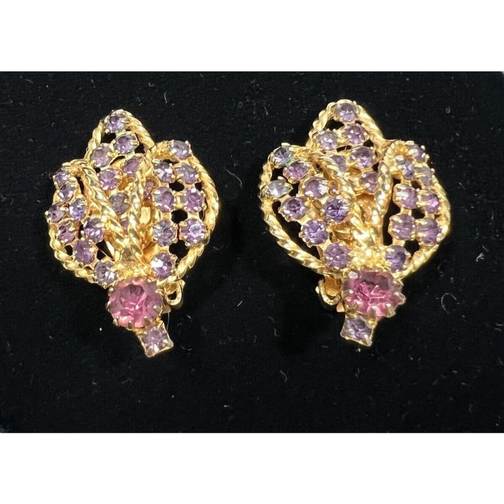 Vintage Gold tone signed Hobe Purple Rhinestone Insect Bee Clip On Earrings